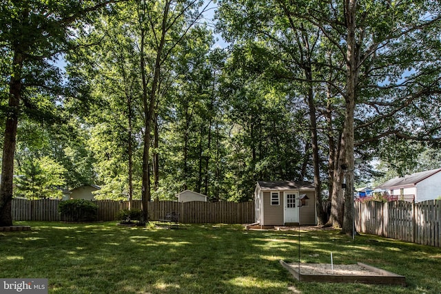 view of yard with an outbuilding and a fenced backyard