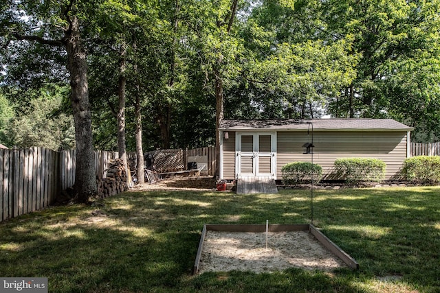 view of yard with an outbuilding and a fenced backyard