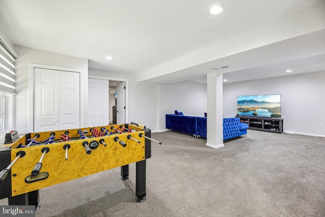 game room featuring visible vents, carpet flooring, recessed lighting, and baseboards