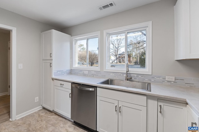 kitchen featuring visible vents, a healthy amount of sunlight, a sink, and stainless steel dishwasher