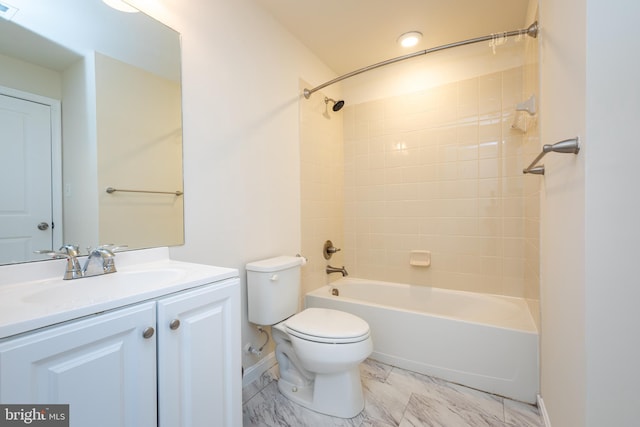 full bath featuring vanity, visible vents, toilet, marble finish floor, and shower / bathtub combination