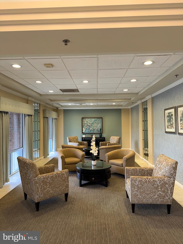 carpeted living room with recessed lighting and a paneled ceiling