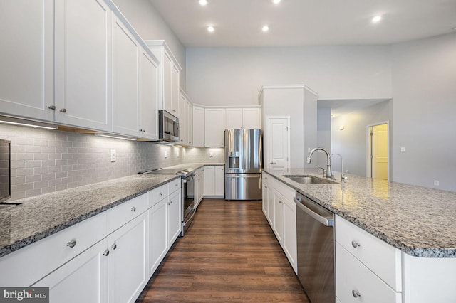 kitchen featuring dark stone countertops, dark wood-style floors, a sink, stainless steel appliances, and white cabinets