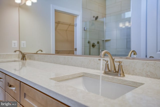 bathroom featuring a walk in closet, double vanity, a stall shower, and a sink