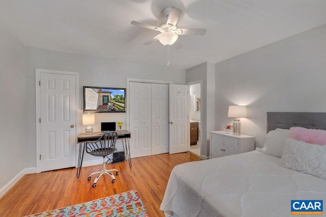 bedroom featuring ceiling fan, baseboards, and wood finished floors