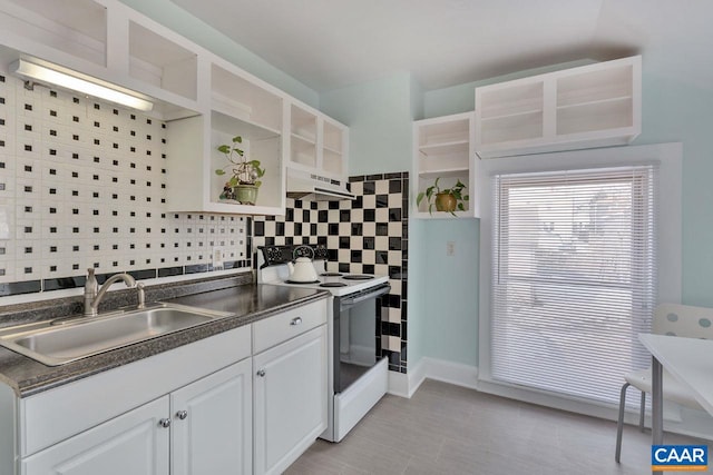 kitchen with under cabinet range hood, a sink, white electric range oven, and open shelves