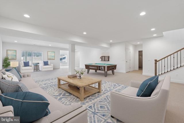 living room with recessed lighting, light colored carpet, and pool table