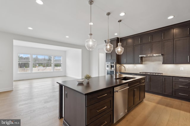 kitchen featuring dark brown cabinetry, light wood-style floors, appliances with stainless steel finishes, and a sink