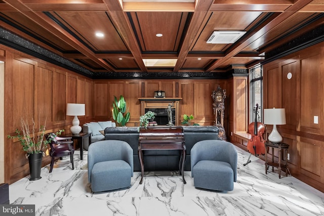 living area with wooden ceiling, wooden walls, visible vents, and coffered ceiling