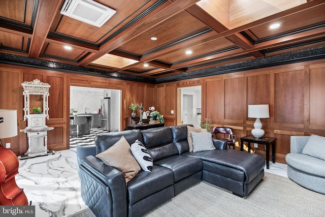 living area featuring visible vents, wood walls, wooden ceiling, and coffered ceiling