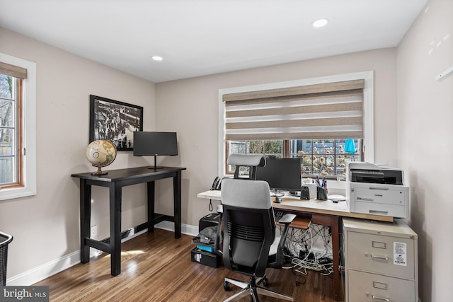 office with recessed lighting, baseboards, and wood finished floors