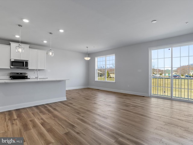 kitchen featuring stainless steel appliances, wood finished floors, open floor plan, and light countertops