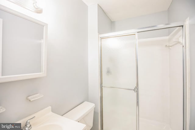 full bathroom featuring a shower stall, toilet, and vanity