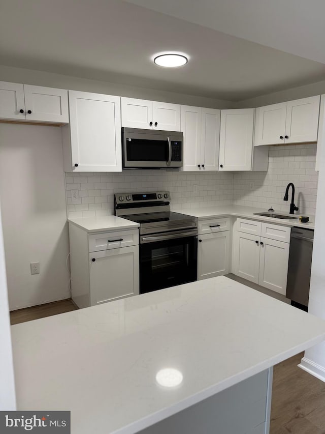 kitchen featuring white cabinets, appliances with stainless steel finishes, wood finished floors, and a sink