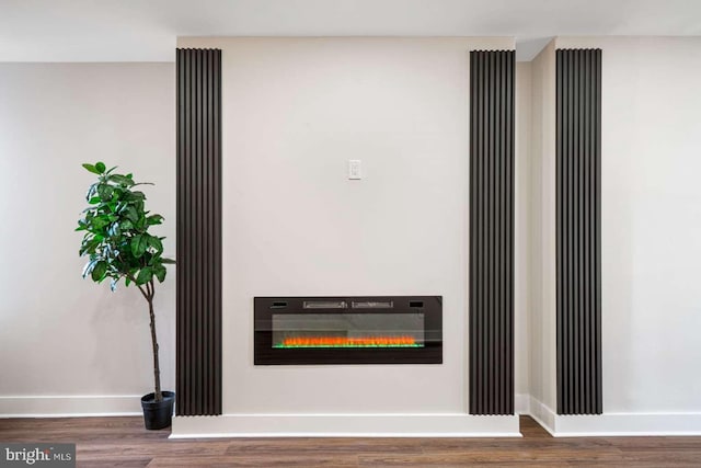 interior details with a glass covered fireplace, baseboards, and wood finished floors