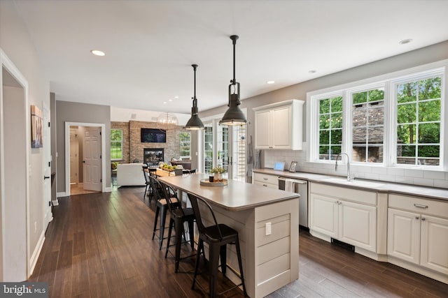 kitchen featuring dark wood-style floors, a sink, stainless steel dishwasher, tasteful backsplash, and a large fireplace