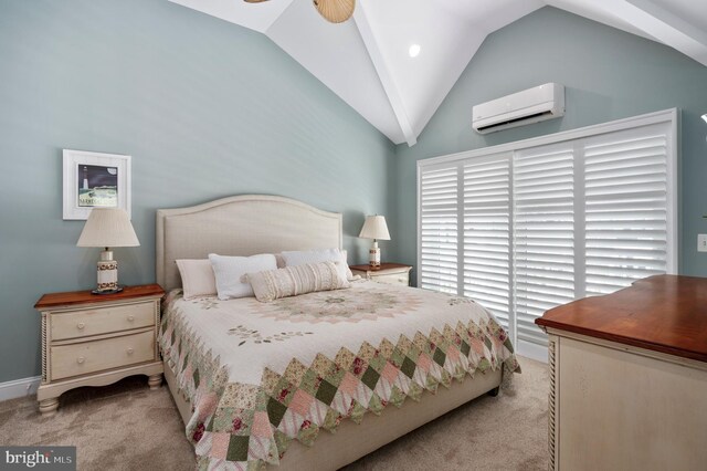 bedroom featuring a ceiling fan, lofted ceiling, light colored carpet, and a wall mounted AC