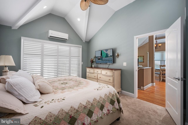 bedroom with a wall mounted AC, baseboards, light colored carpet, a chandelier, and vaulted ceiling