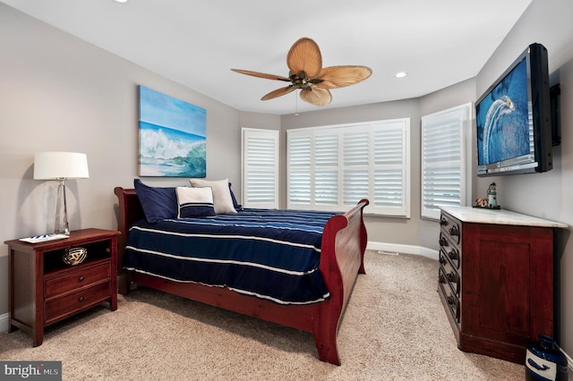 bedroom featuring recessed lighting, ceiling fan, and baseboards