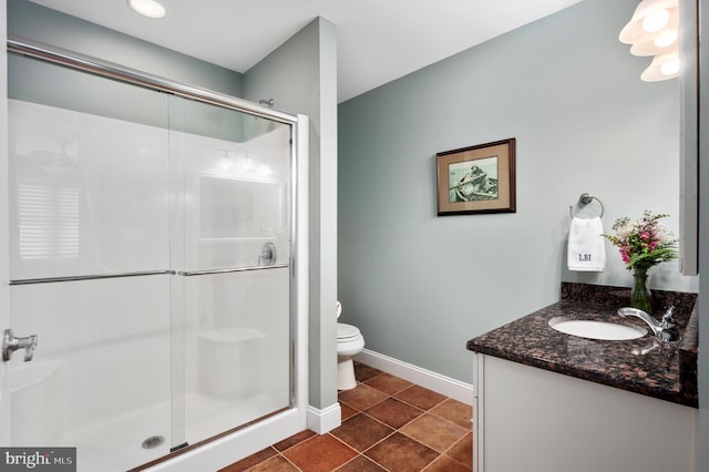 full bath featuring vanity, baseboards, a stall shower, tile patterned floors, and toilet