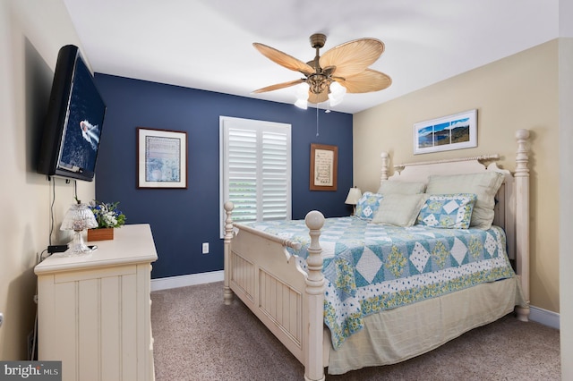 bedroom featuring baseboards, carpet, and a ceiling fan