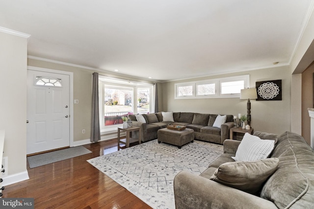 living room featuring baseboards, recessed lighting, ornamental molding, and dark wood-style flooring