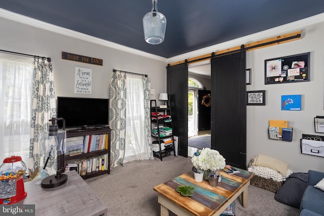 carpeted living room with crown molding and a barn door