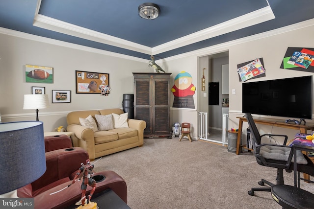 carpeted office space with crown molding and a tray ceiling