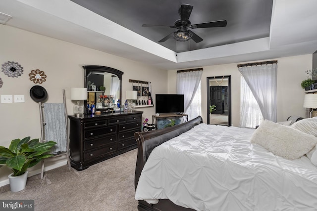carpeted bedroom featuring a raised ceiling and a ceiling fan