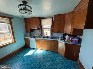 kitchen featuring a wealth of natural light, baseboards, light countertops, and a sink