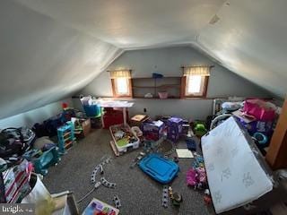 interior space with lofted ceiling and carpet flooring