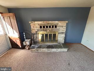 interior details featuring a stone fireplace and carpet floors