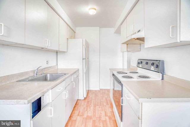 kitchen featuring light countertops, white electric range oven, a sink, and under cabinet range hood