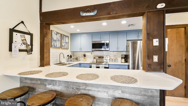 kitchen featuring backsplash, a kitchen breakfast bar, a peninsula, stainless steel appliances, and a sink