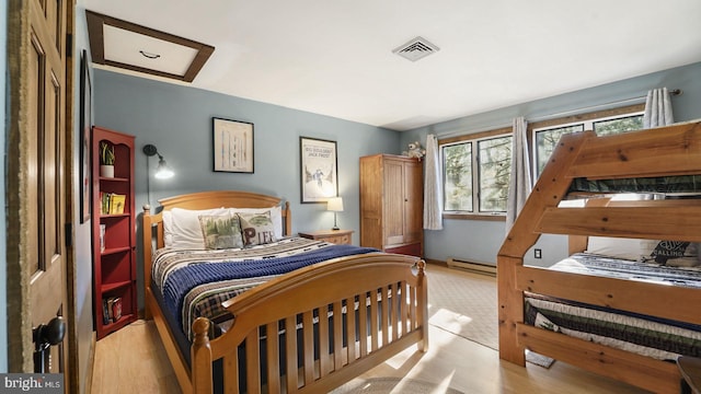 bedroom featuring visible vents and a baseboard radiator