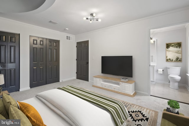 bedroom with visible vents, ornamental molding, and carpet floors