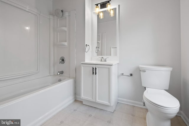 full bath featuring vanity, toilet, shower / bathtub combination, and baseboards