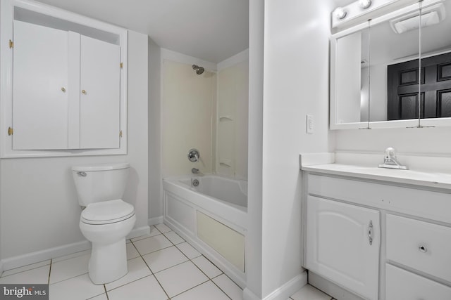 full bath with tile patterned flooring, baseboards, washtub / shower combination, toilet, and vanity