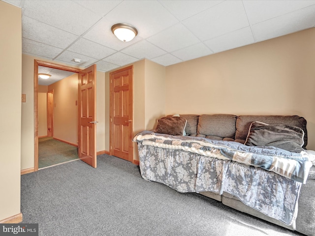 carpeted living area with baseboards and a drop ceiling