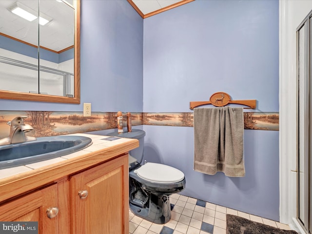 full bathroom with an enclosed shower, toilet, crown molding, tile patterned flooring, and vanity