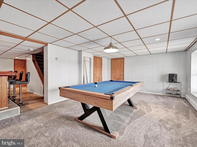 playroom featuring pool table, carpet flooring, and a drop ceiling