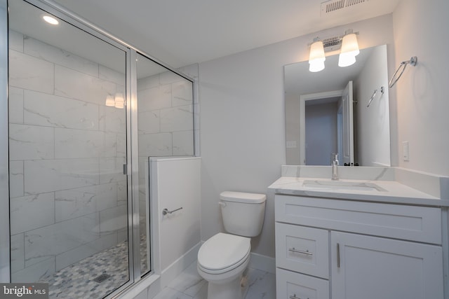 bathroom featuring a shower stall, toilet, visible vents, and marble finish floor