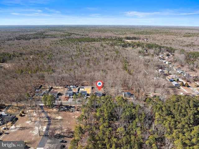 birds eye view of property featuring a wooded view