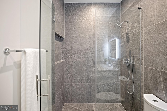 bathroom with a shower stall and toilet