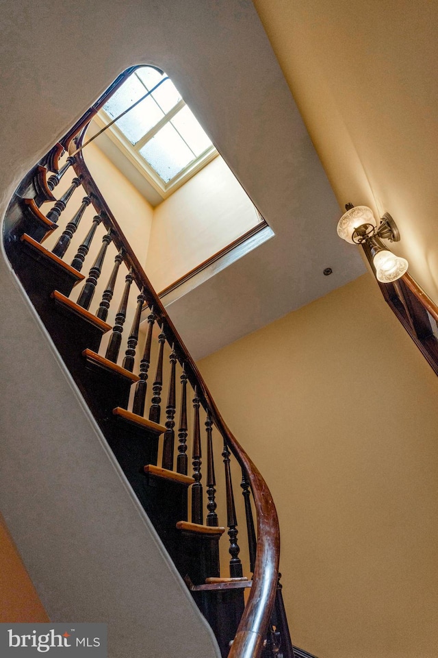 staircase featuring lofted ceiling with skylight