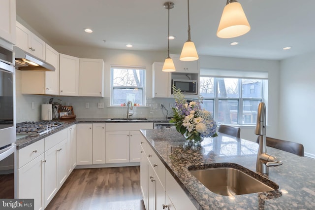 kitchen featuring a sink, stainless steel appliances, under cabinet range hood, and decorative light fixtures