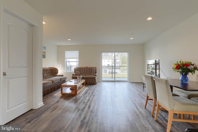 living room featuring wood finished floors, recessed lighting, and a healthy amount of sunlight