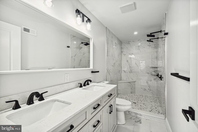 full bath with visible vents, marble finish floor, toilet, and a sink