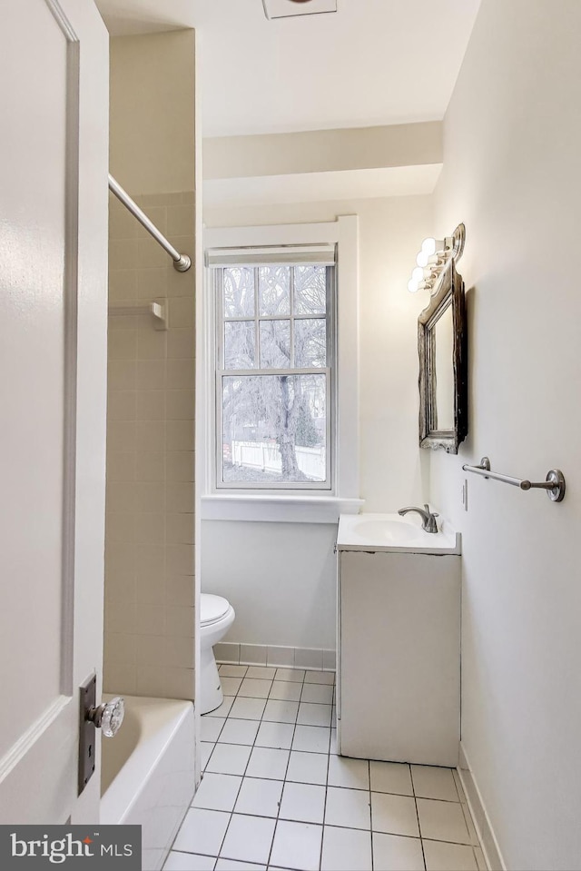 bathroom featuring vanity, tile patterned floors, toilet, and baseboards