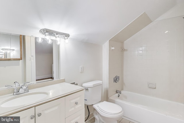 full bathroom with shower / tub combination, toilet, vanity, and vaulted ceiling